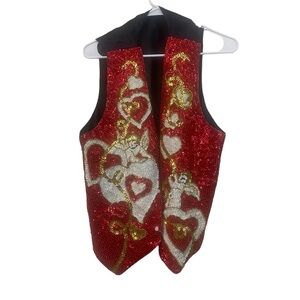 80s 90s Vintage Red Sequin  Cupid Baby Angel Love Heart Sequin Vest Top Metallic